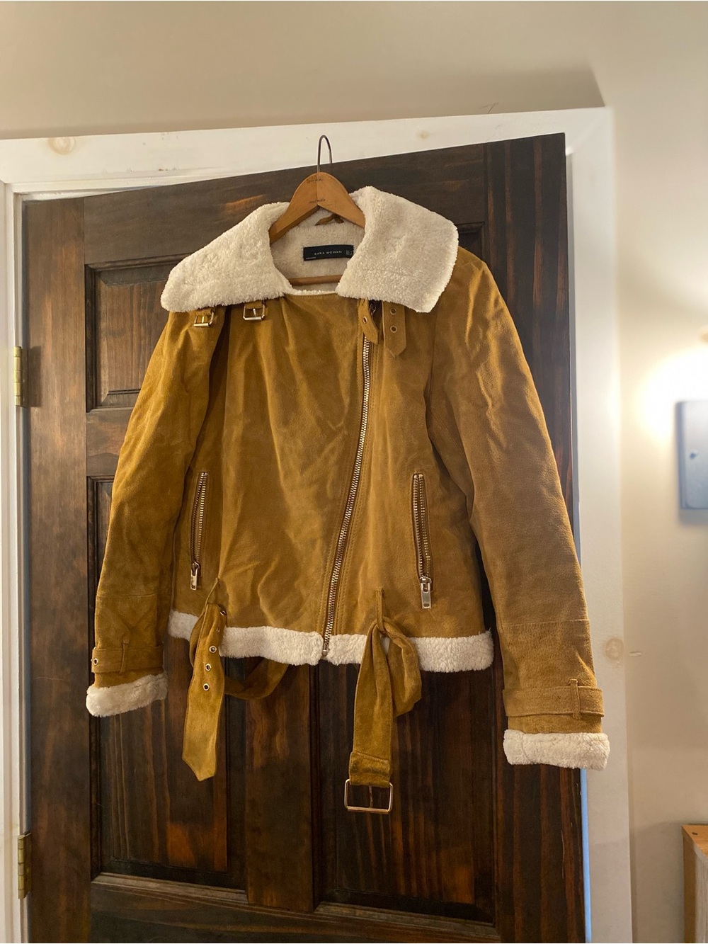 Zara Tan Suede Shearling-Trimmed Belted Jacket